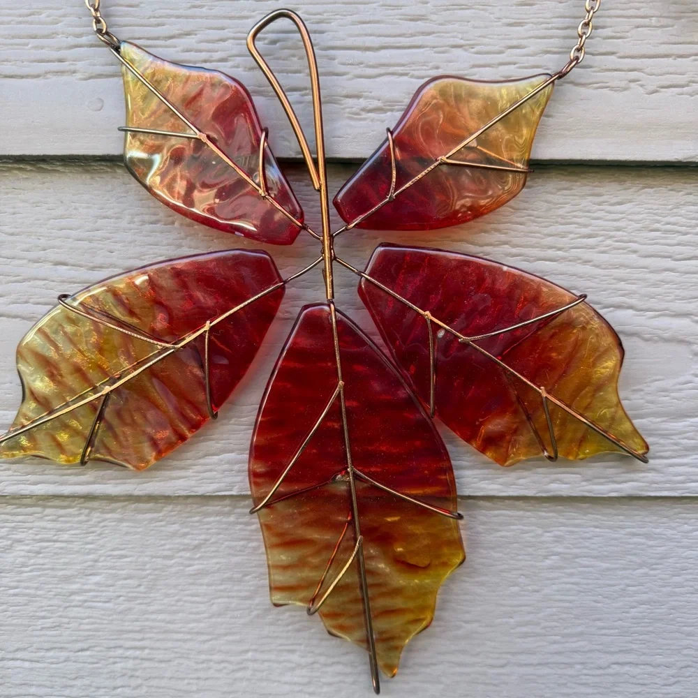 Copper Welcome Sign With Glass Maple Leaf Rustic Country Handmade Artisan Pretty